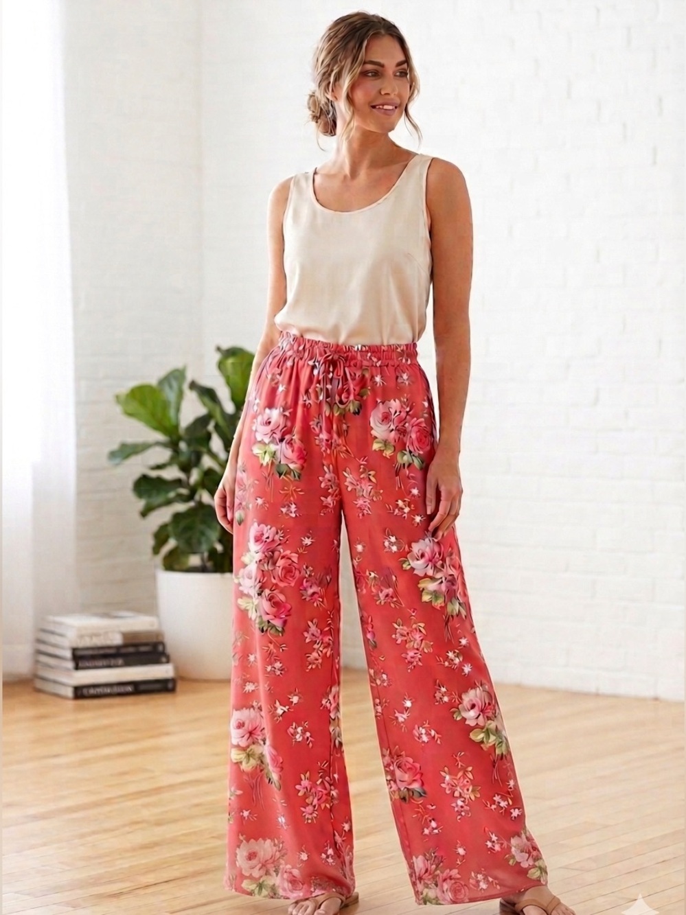 Pink Floral Wide-Leg Trousers